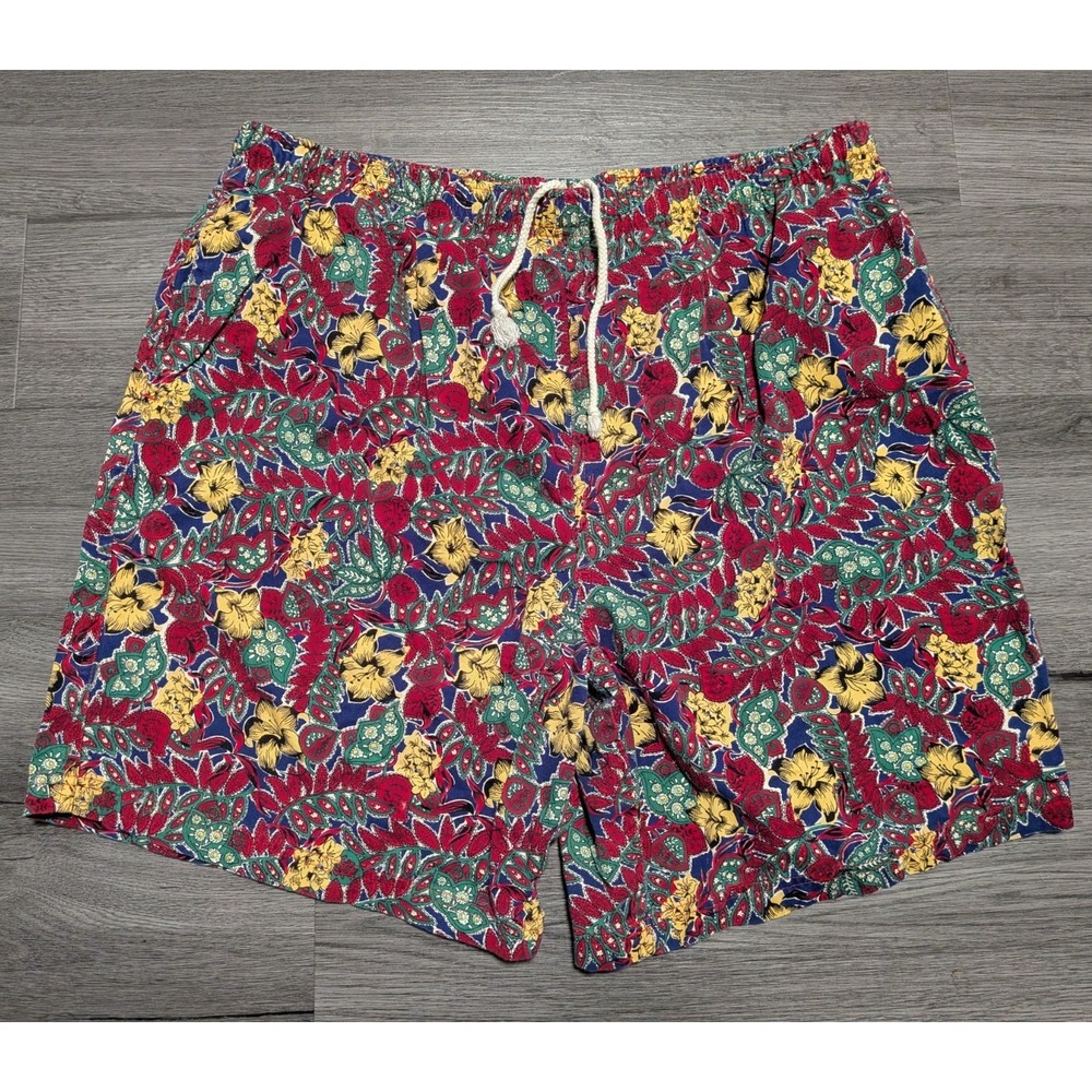 Vintage J. Crew Men's Multicolor Floral Lined 100% Cotton Swim Shorts Size Large